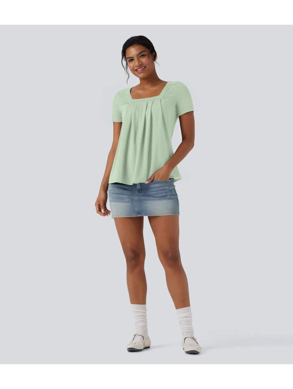Halara Square Neck Short Sleeve Casual Top Green Size XL - Picture 8 of 8